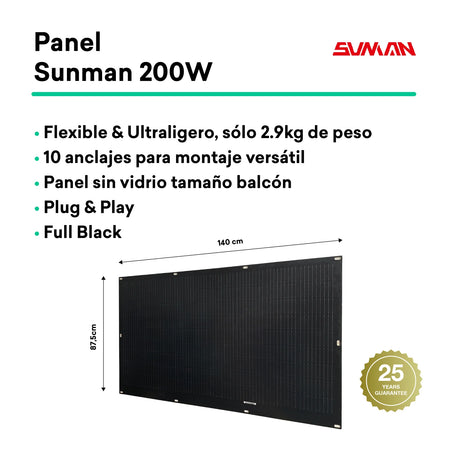Panel Solar Flexible Ultraligero Full Black 200W Sunman SMF200F